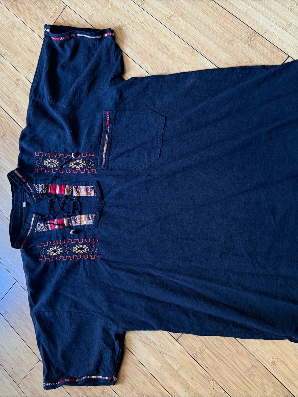 Black Embroidered Men’s Short-Sleeve Shirt with Tribal Accent